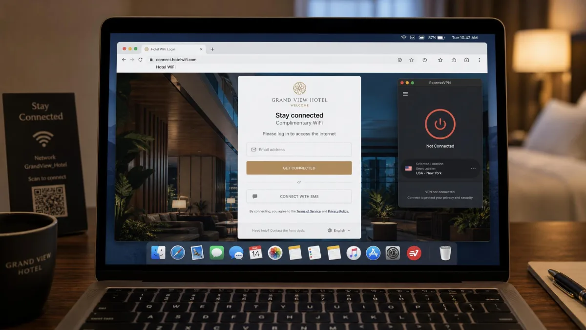 A hotel WiFi captive-portal login screen on a laptop with a VPN app disconnected in the corner, illustrating the log-in-first sequence.