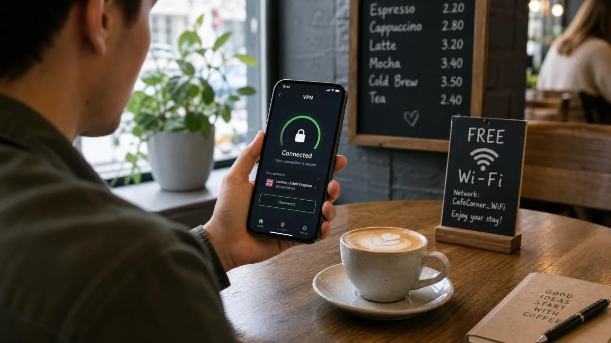 A person using a phone on cafe WiFi with a VPN app showing a connected status, representing a secured public-hotspot session.