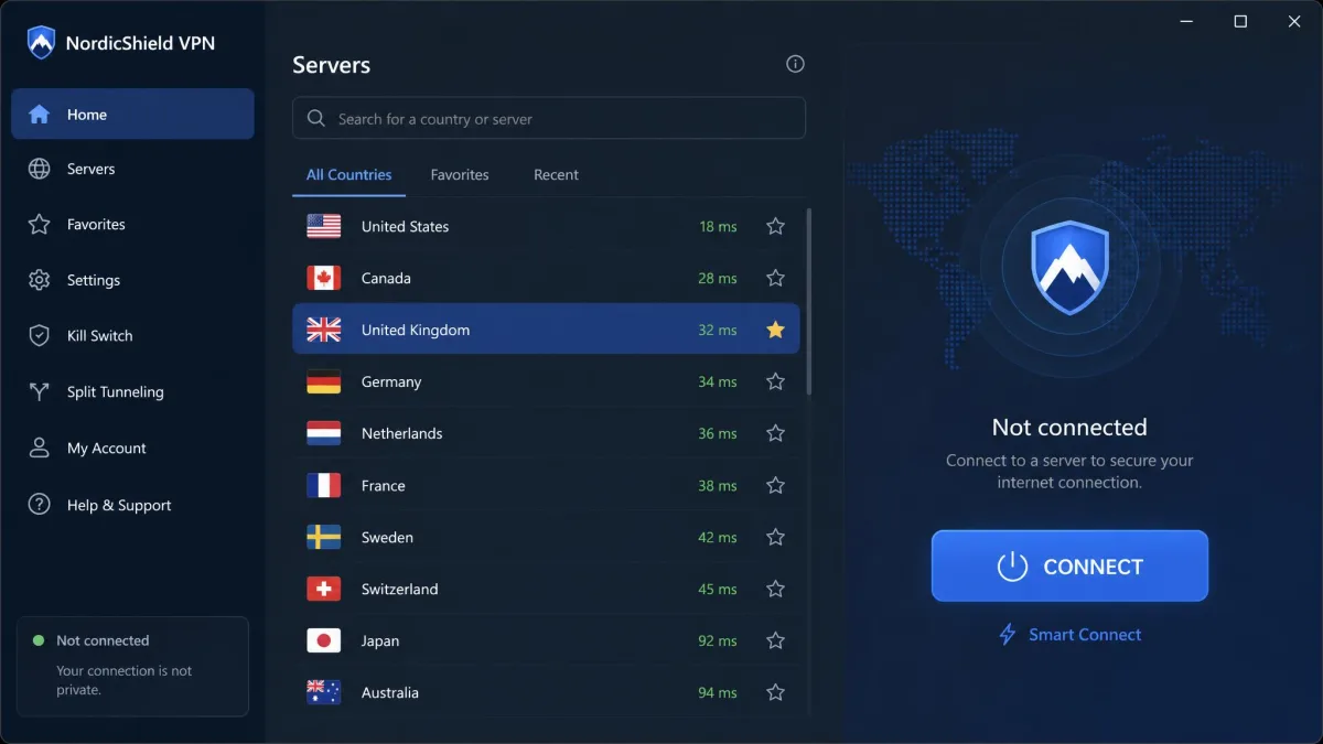 A VPN desktop app showing a country server list with one server selected and a large connect button, ready to establish the tunnel.