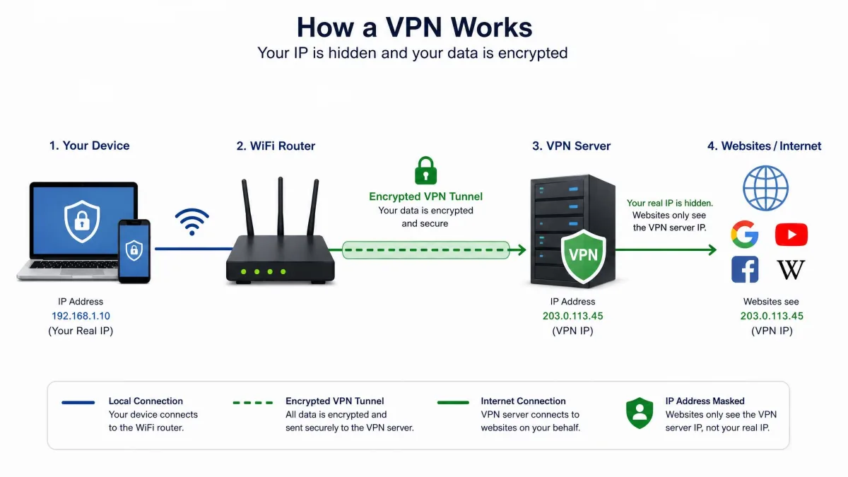Diagram showing a device sending encrypted data through a WiFi router to a VPN server that masks the IP address before reaching websites.