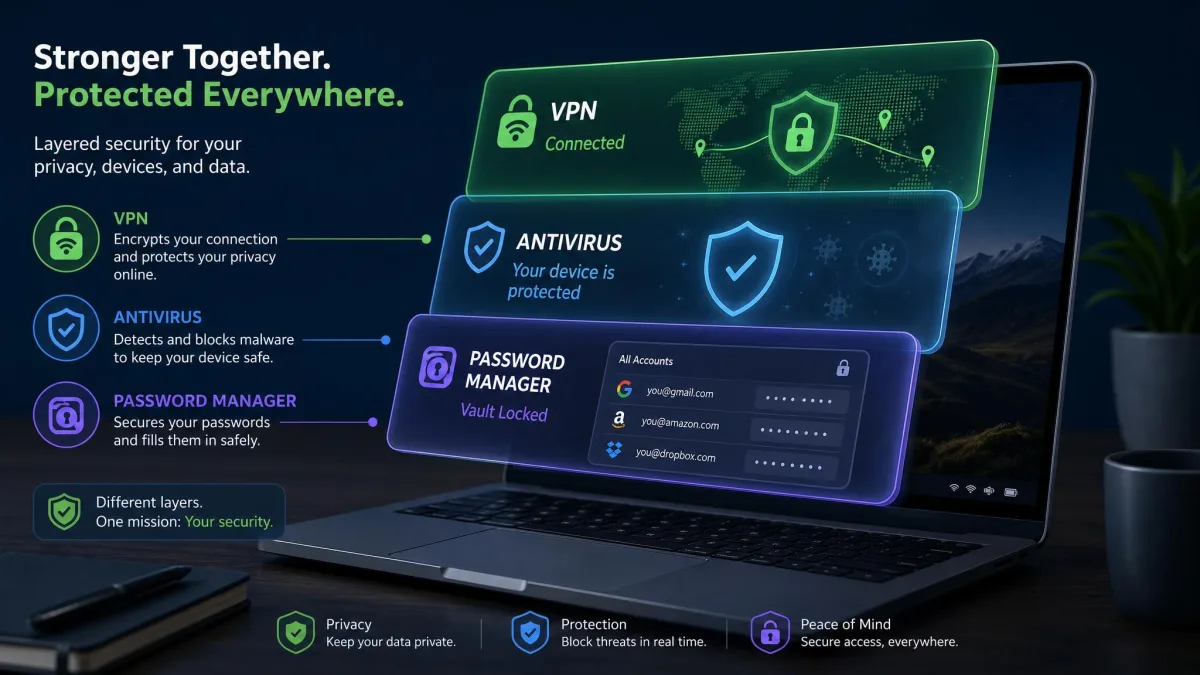 A layered security illustration showing a VPN alongside antivirus and a password manager, representing overlapping protection on a laptop.