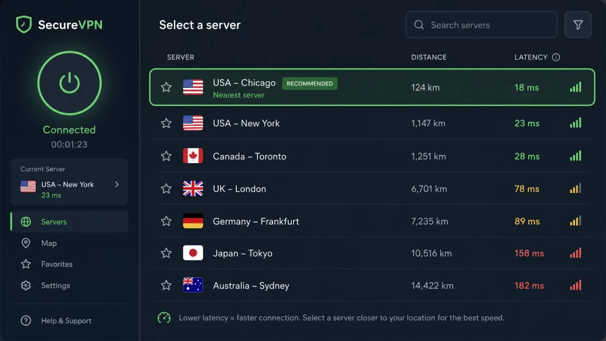 A VPN app server list highlighting a nearby low-latency server, illustrating how server choice affects connection speed.