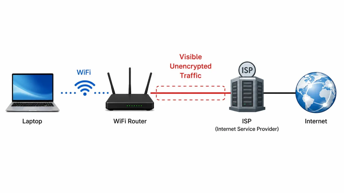Diagram of a laptop connecting through a WiFi router to an ISP and then the internet, with the router-to-ISP path labeled as visible unencrypted traffic.