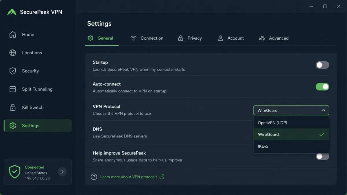 A commercial VPN desktop app settings screen with a protocol dropdown menu, showing WireGuard selected among OpenVPN and IKEv2 options.