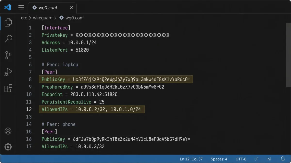 A WireGuard configuration file open in a text editor, highlighting the PublicKey line and the AllowedIPs line for a peer, illustrating cryptokey routing.