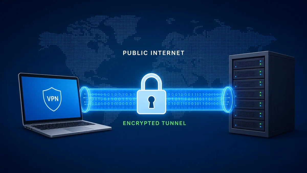 A clean illustration of a laptop and a server joined by a glowing encrypted tunnel across the public internet, with a padlock icon centered over the tunnel.