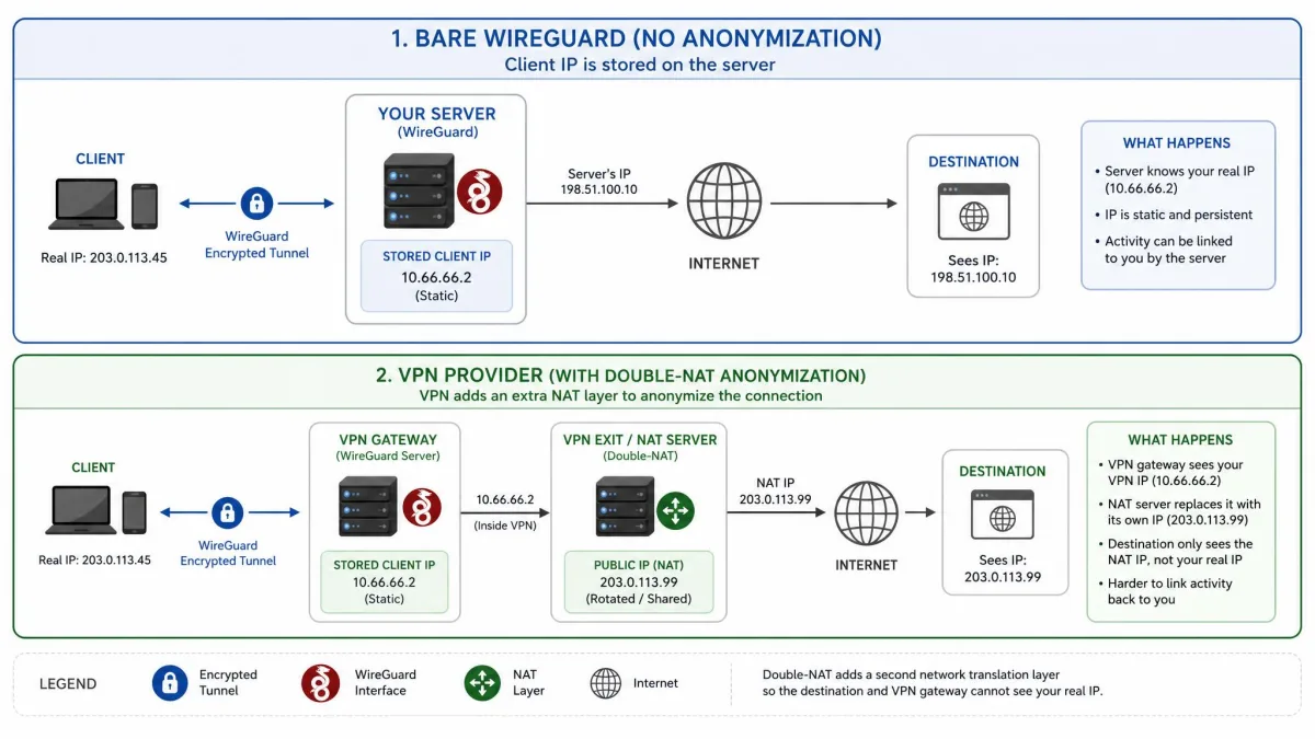 A diagram contrasting bare WireGuard storing a static client IP on the server versus a VPN provider adding a double-NAT layer to anonymize the connection.