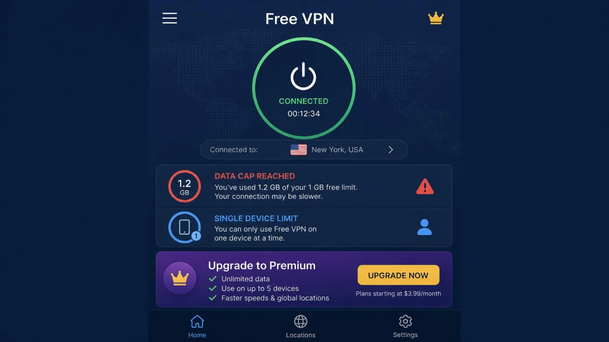 A free VPN app screen displaying a data cap warning and a single-device limit, with a prompt to upgrade to a paid plan for unlimited use.