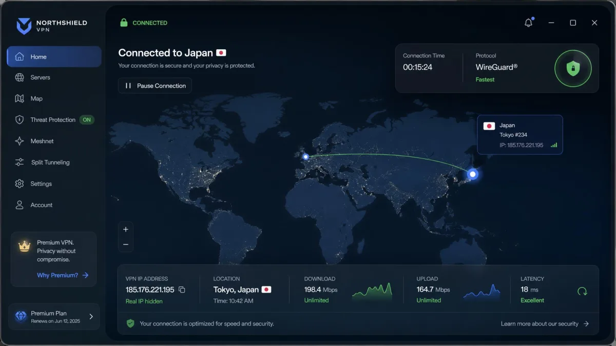 A premium VPN desktop app open on a world map showing a fast connected server, low latency, and a polished interface that justifies a higher subscription price.