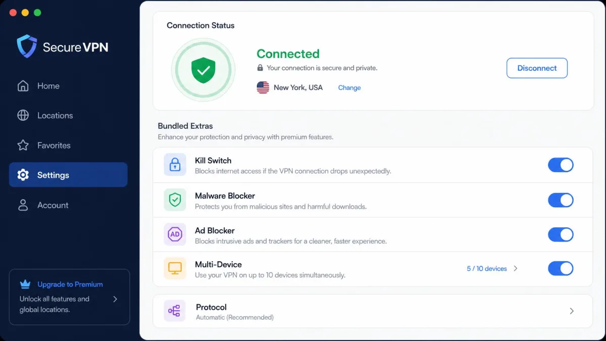 A VPN app settings screen showing bundled extras including a kill switch, malware blocker, ad blocker, and multi-device toggles alongside the connection status.