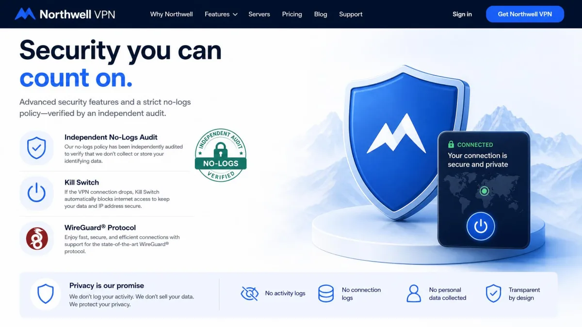 A VPN provider webpage highlighting an independent no-logs audit badge, a kill switch feature, and WireGuard protocol support in a security features list.