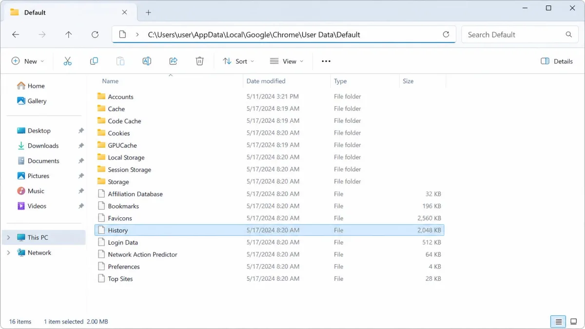 Windows File Explorer open at the Chrome User Data Default folder, with the extensionless History file selected and the address bar showing the full AppData path.