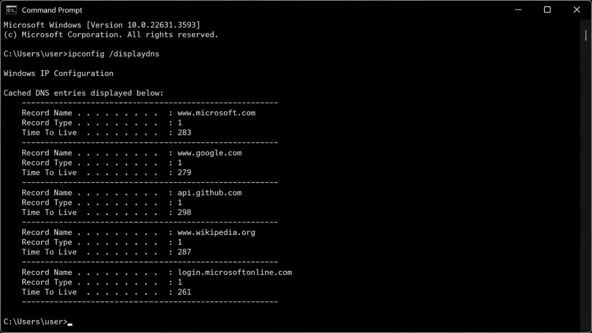 A Windows Command Prompt window running ipconfig /displaydns, showing several cached domain records with Record Name, Record Type, and Time To Live values listed underneath.
