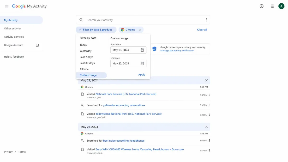 The Google My Activity page filtered to Chrome, showing a dated timeline of visited page titles and search queries with the filter-by-date control open at the top.