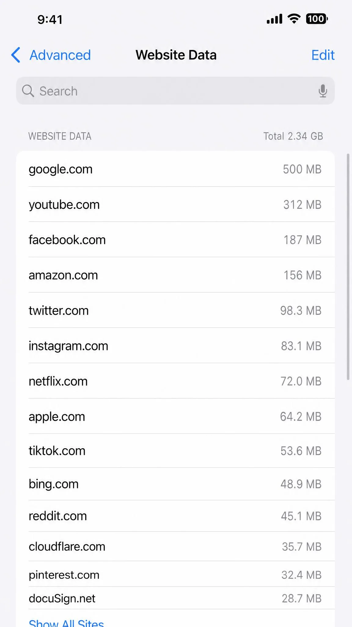 iPhone Settings screen at Safari, Advanced, Website Data, showing a scrollable list of retained domains with storage sizes beside each entry.