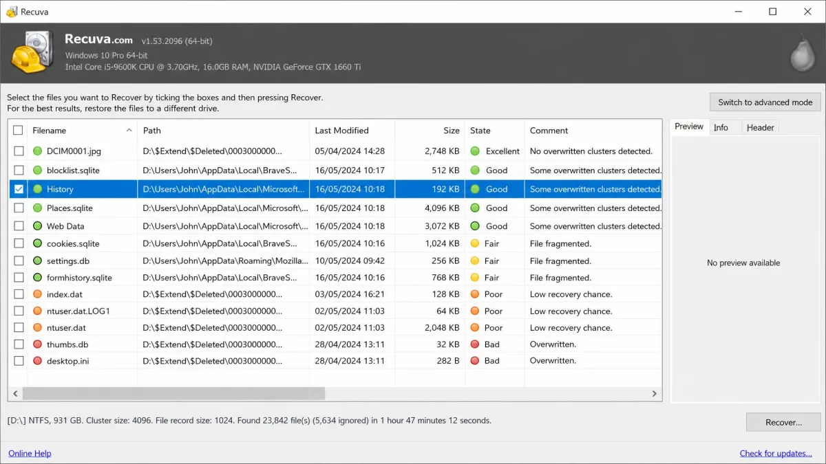 Recuva's results list after a deep scan of a Windows drive, with the extensionless History file highlighted alongside sqlite and db results and a coloured health indicator in the state column.
