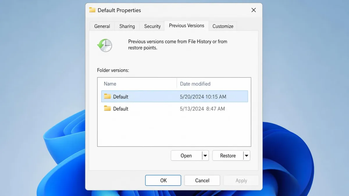 The Previous Versions tab of the Windows properties dialog for the Chrome Default folder, listing two dated File History snapshots with Open and Restore buttons below.