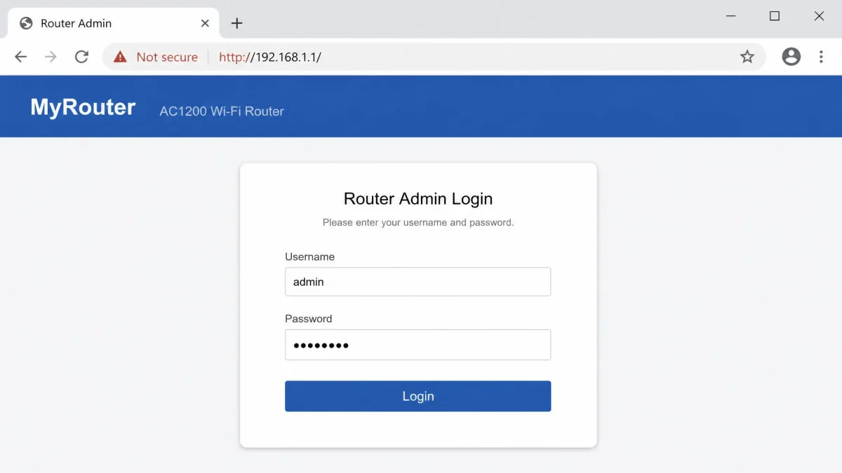 Browser showing a Not secure warning on a router's admin login page, a normal message when the router serves the page over plain HTTP.