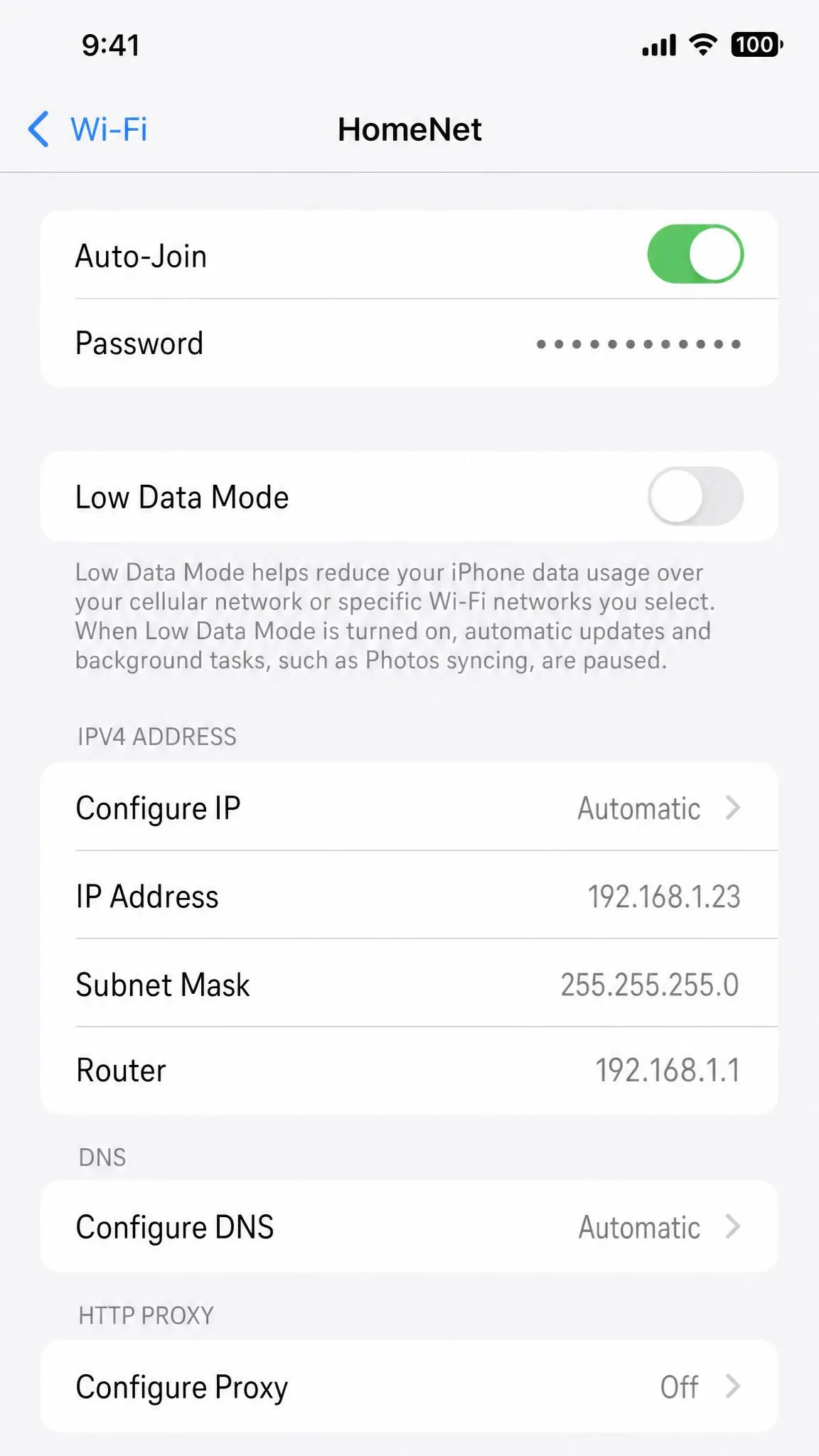 iPhone Settings Wi-Fi view with the connected network's details open, showing the Router entry with the IP address.