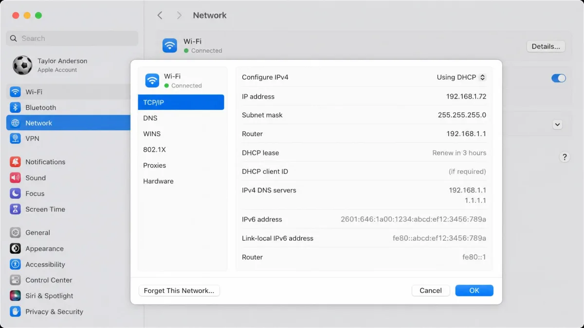 Mac System Settings Network panel with the Details view open, showing the Router IP address for the active Wi-Fi connection.