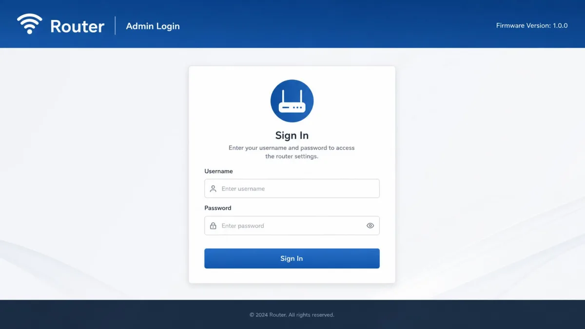 Router login page with username and password fields, the admin sign-in screen that appears before the settings dashboard loads.