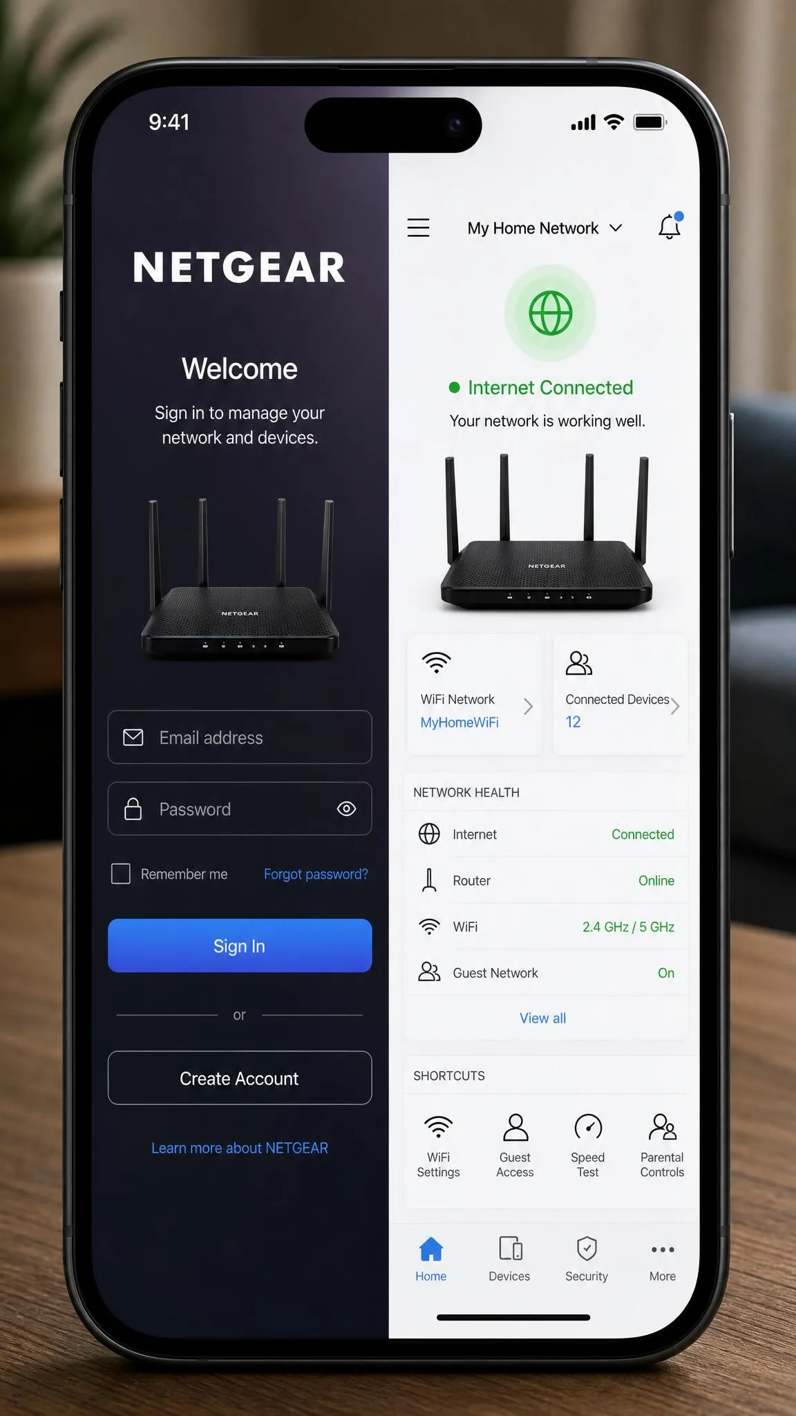 Smartphone showing a router manufacturer's app with a sign-in screen and connection status for the home network.