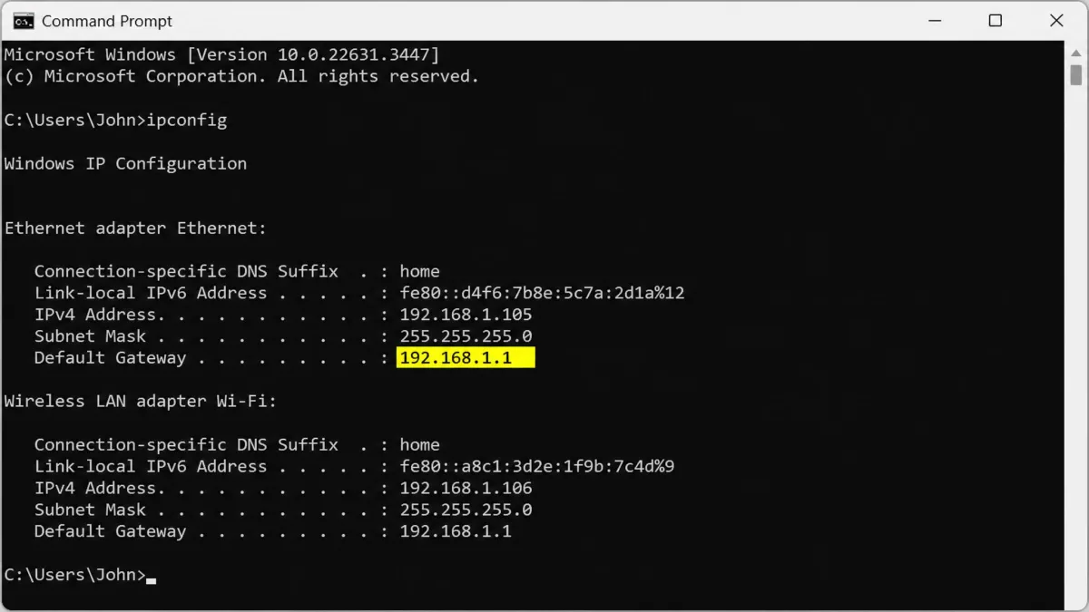 Windows Command Prompt showing the output of ipconfig with the Default Gateway address highlighted, the step where you find your router's IP address.