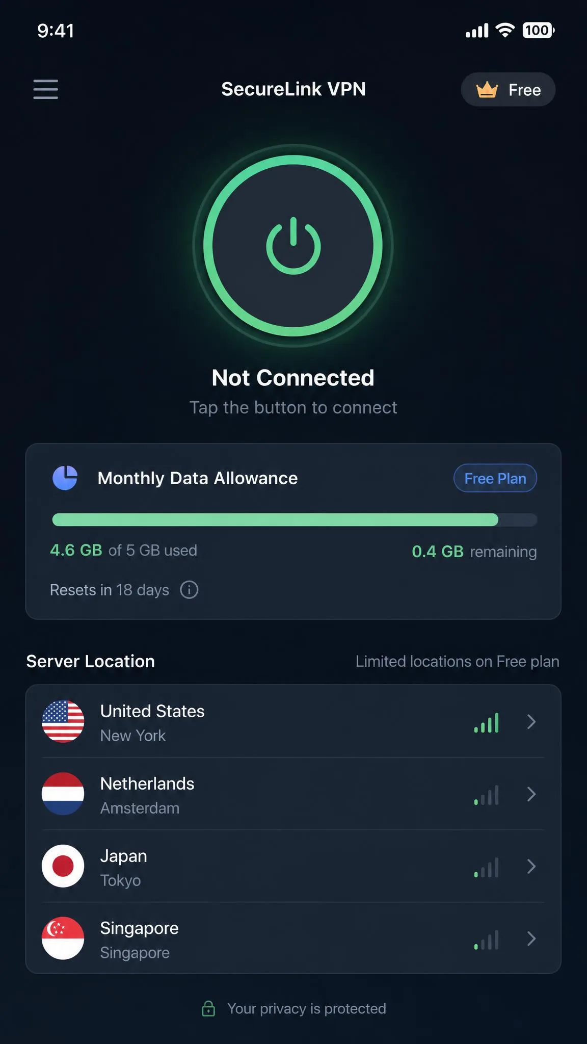 A free-tier VPN app screen showing a limited list of server locations and a remaining monthly data allowance meter near its cap.