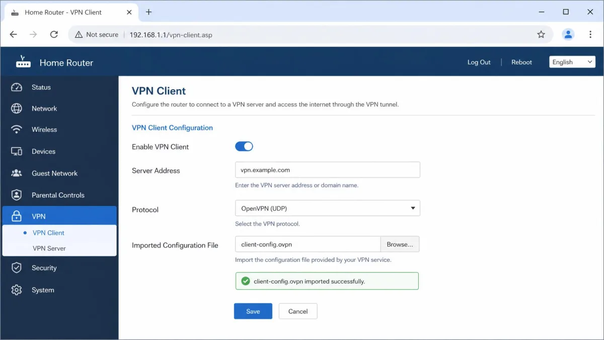 A home router admin page open in a browser showing the VPN client configuration section with fields for server address, protocol, and imported configuration file.