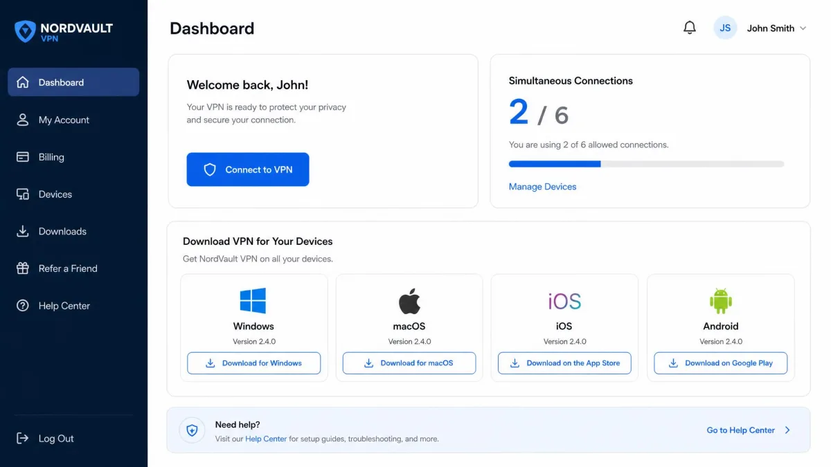 A VPN provider's web account dashboard showing the download buttons for Windows, macOS, iOS, and Android alongside a counter of simultaneous device connections used.