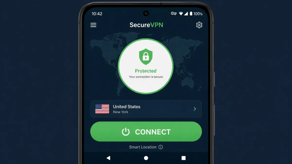 A VPN provider app on an Android phone showing a large Connect button and a key icon in the status bar indicating the tunnel is active.