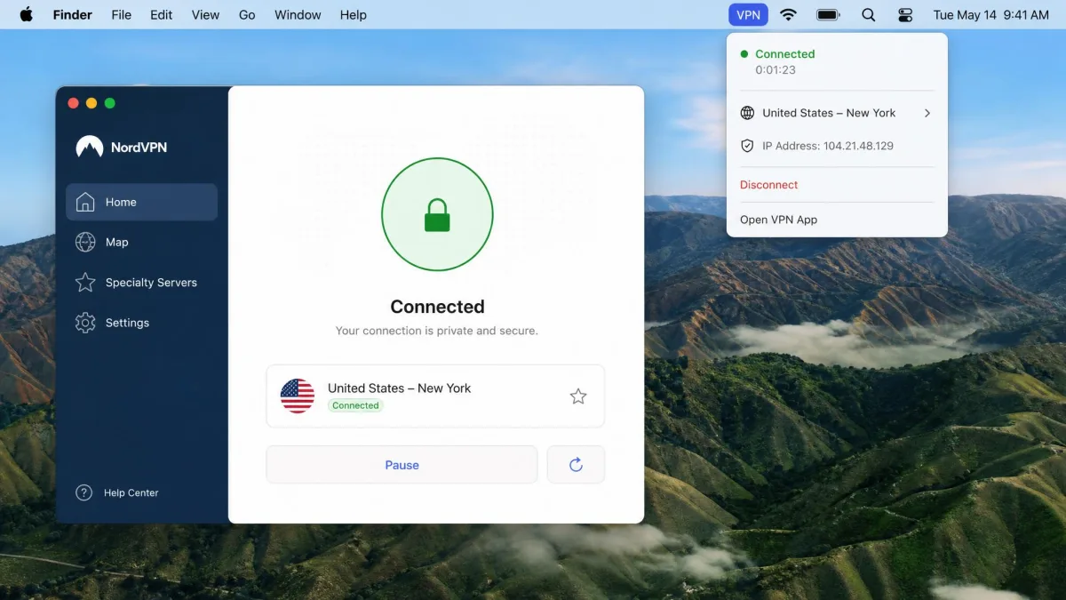 A VPN provider app on macOS showing a connected session with the chosen server location, next to the macOS menu bar VPN status indicator.