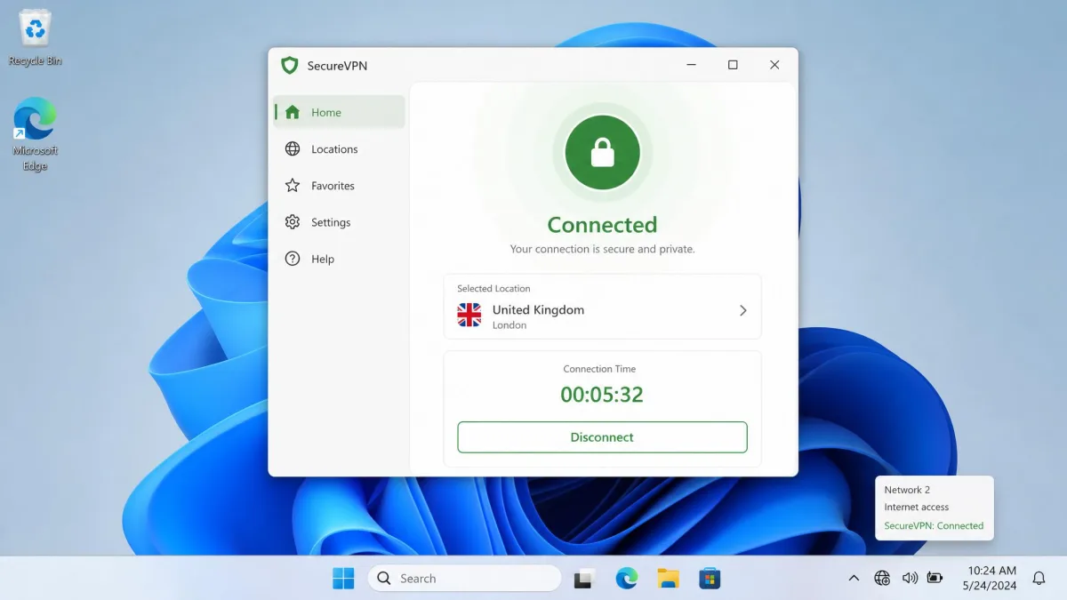A VPN provider app on Windows 11 showing a green Connected status, the selected server country, and the connection timer running, with the taskbar network icon visible.