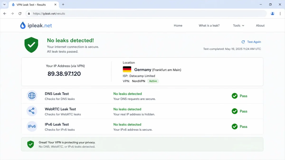 A browser leak-test results page showing the VPN server IP address and location with green pass indicators for DNS, WebRTC, and IPv6 leak checks.
