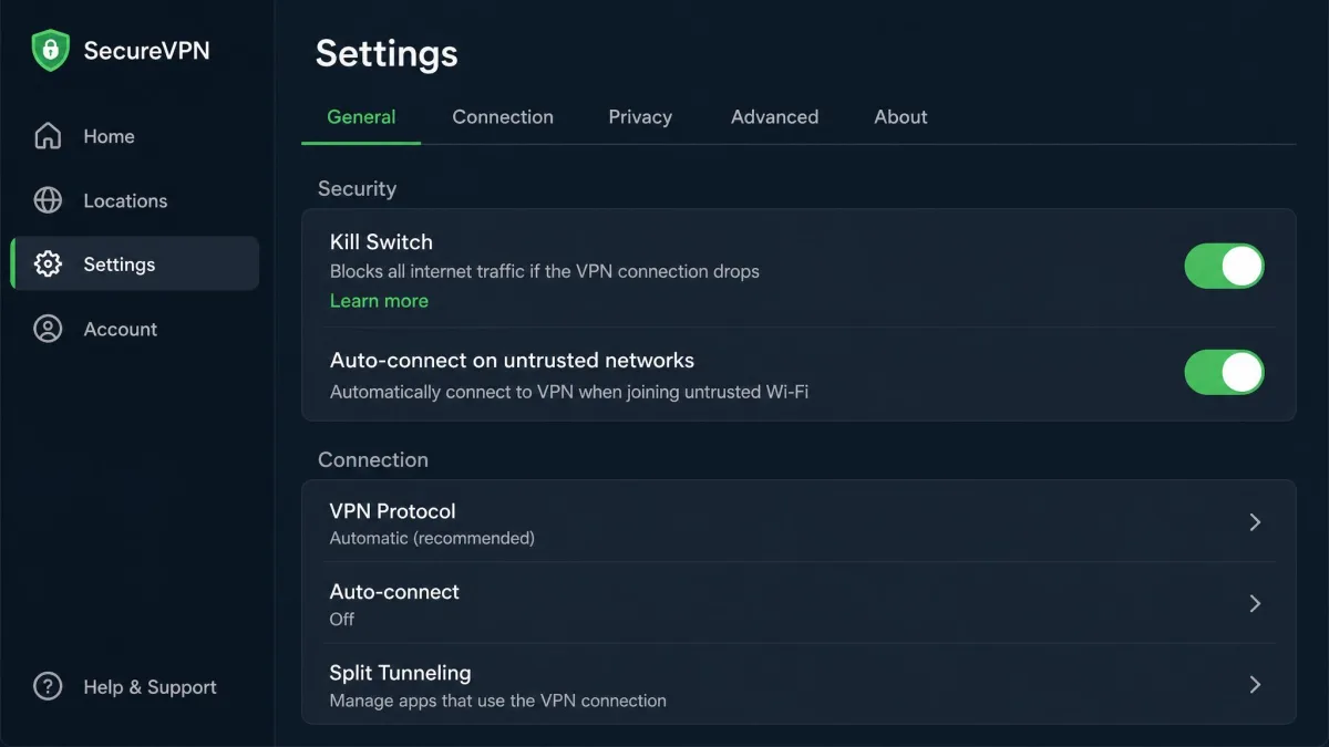 A VPN app settings screen with the kill switch and auto-connect-on-untrusted-networks toggles both switched on.
