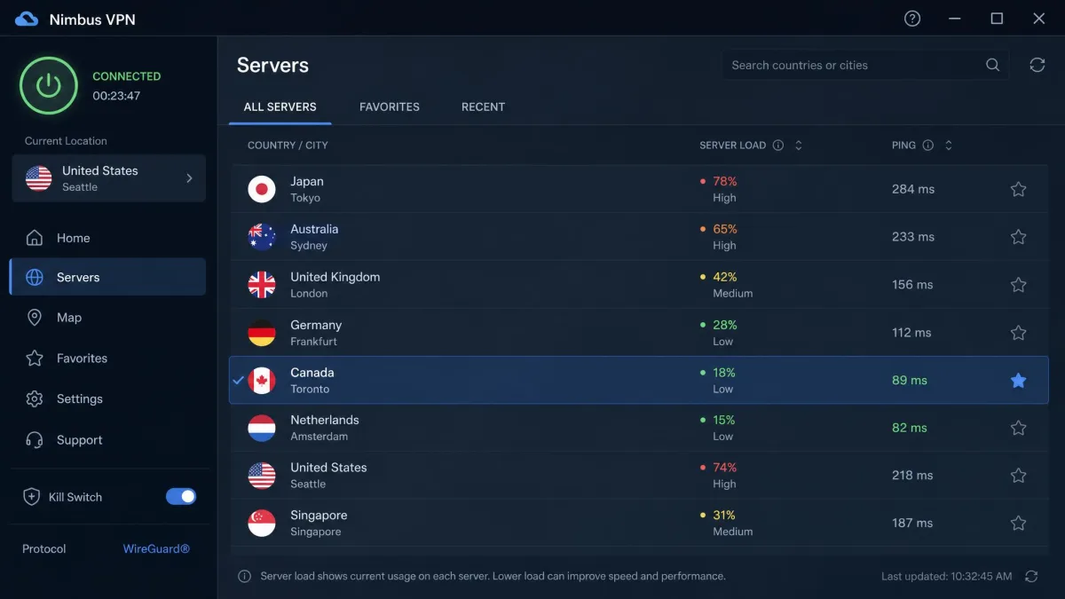 A VPN app server list open during troubleshooting, showing server load percentages next to several countries as the user picks a less crowded server.