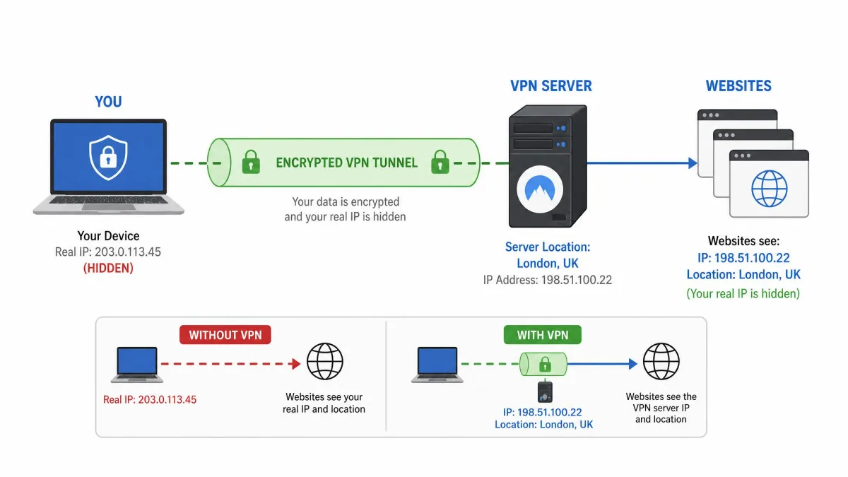 A simple diagram showing a laptop connecting through an encrypted tunnel to a VPN server, with the real IP hidden and the server's location shown to websites.