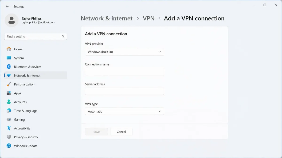 The Windows 11 Add a VPN connection dialog in Settings, with fields for VPN provider set to Windows built-in, connection name, server address, and VPN type.