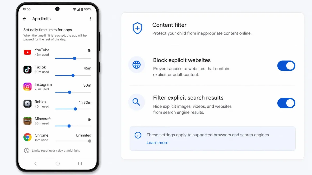 The App limits screen on an Android phone with a per-app time slider, next to the web content filter toggle for blocking explicit sites and search results.