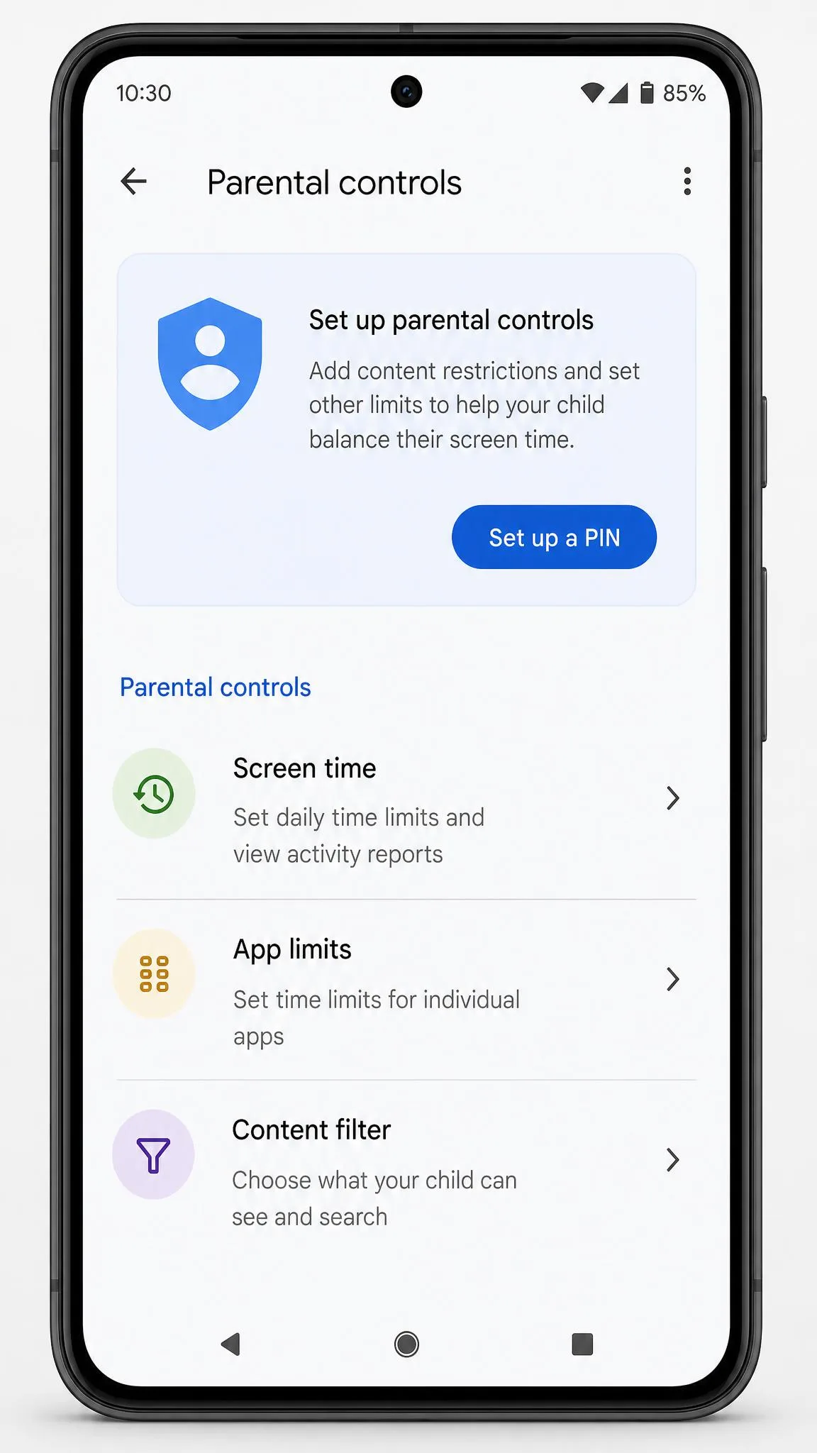An Android phone showing the Parental controls section in Settings, with the set-up-a-PIN prompt and the screen time, app limits, and content filter options listed below.