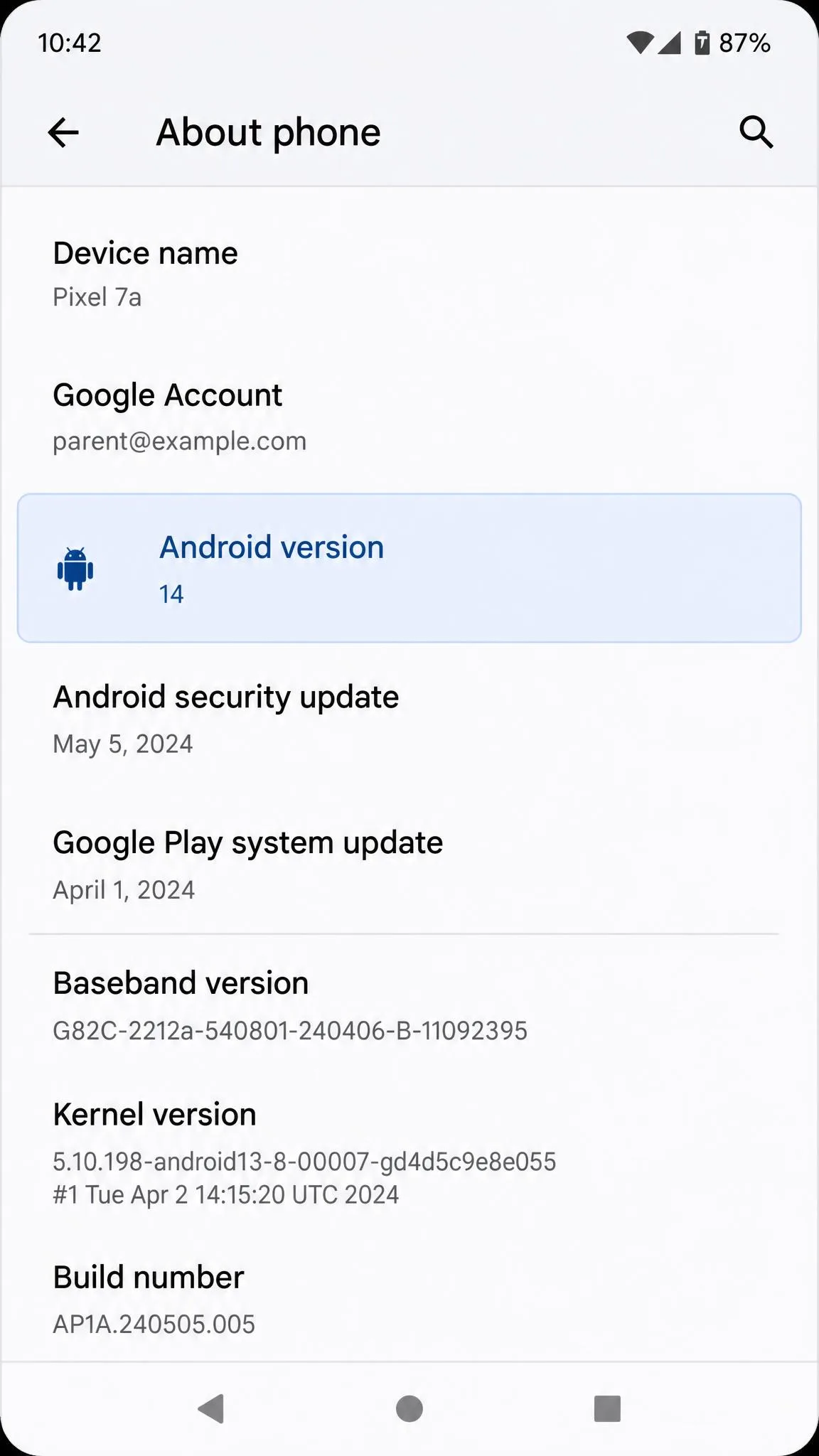 The About phone screen in Android Settings with the Android version row highlighted, so a parent can confirm the device supports built-in parental controls.