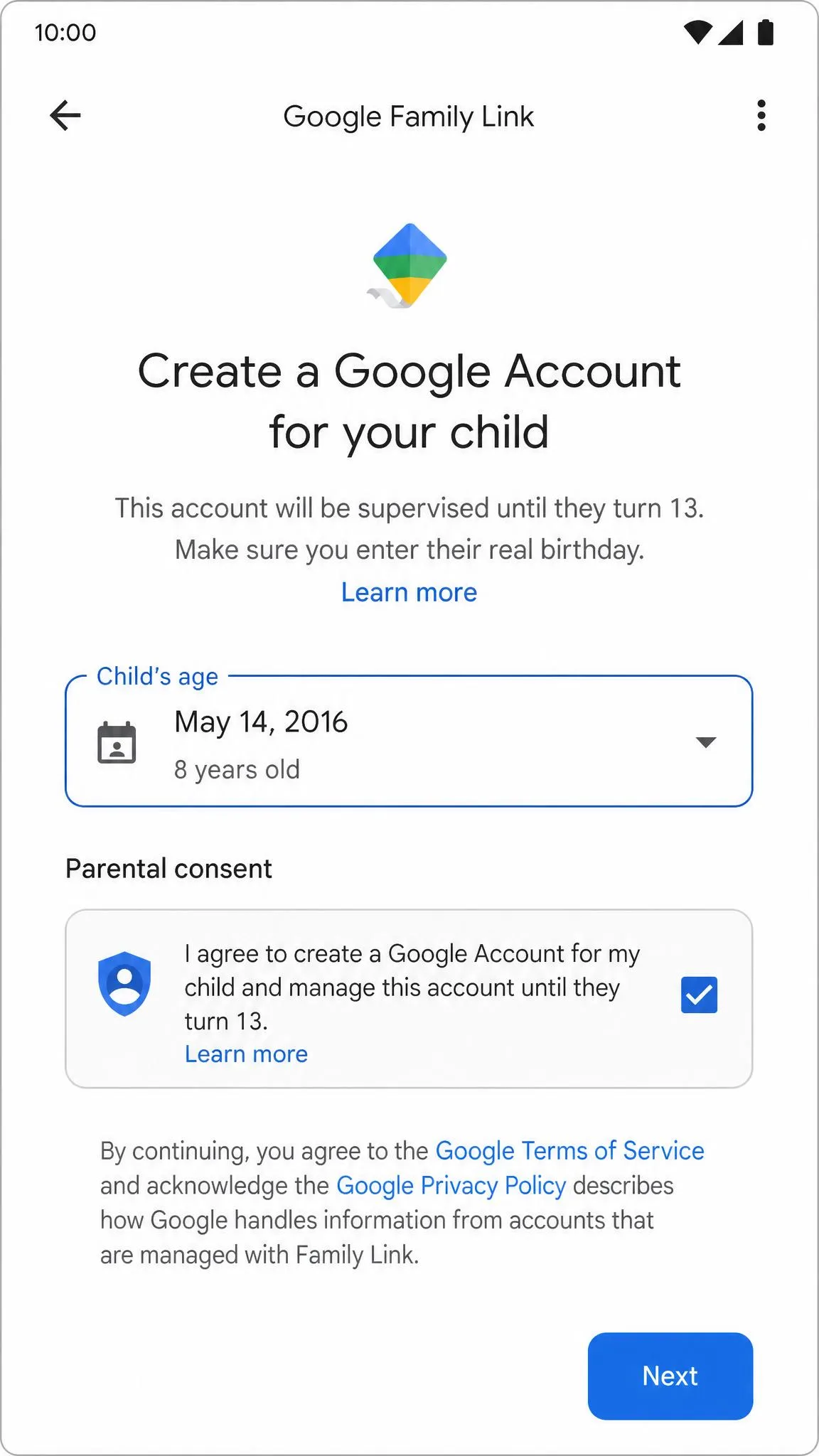 The Google Family Link app asking a parent to create a supervised Google Account for a child under 13, with the age and consent fields on screen.