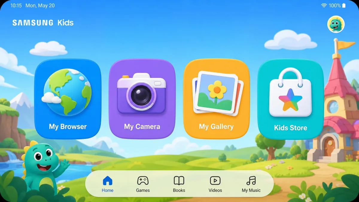 The Samsung Kids home screen on a Galaxy tablet, with a colorful grid of My Browser, My Camera, My Gallery, and a child-friendly app store.