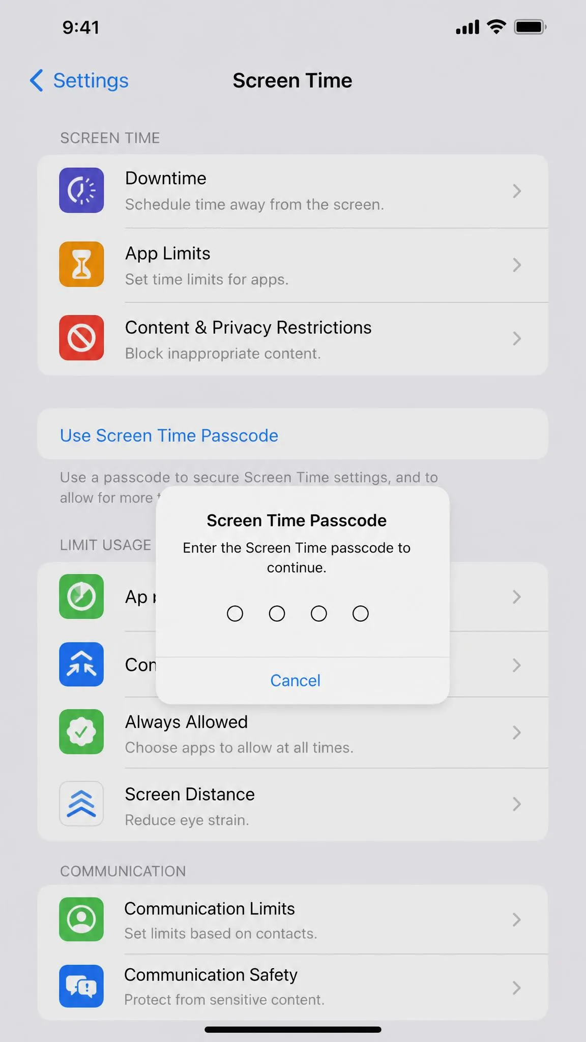 The Screen Time settings screen on an iPhone showing Downtime, App Limits, and Content and Privacy Restrictions with a Screen Time passcode prompt.