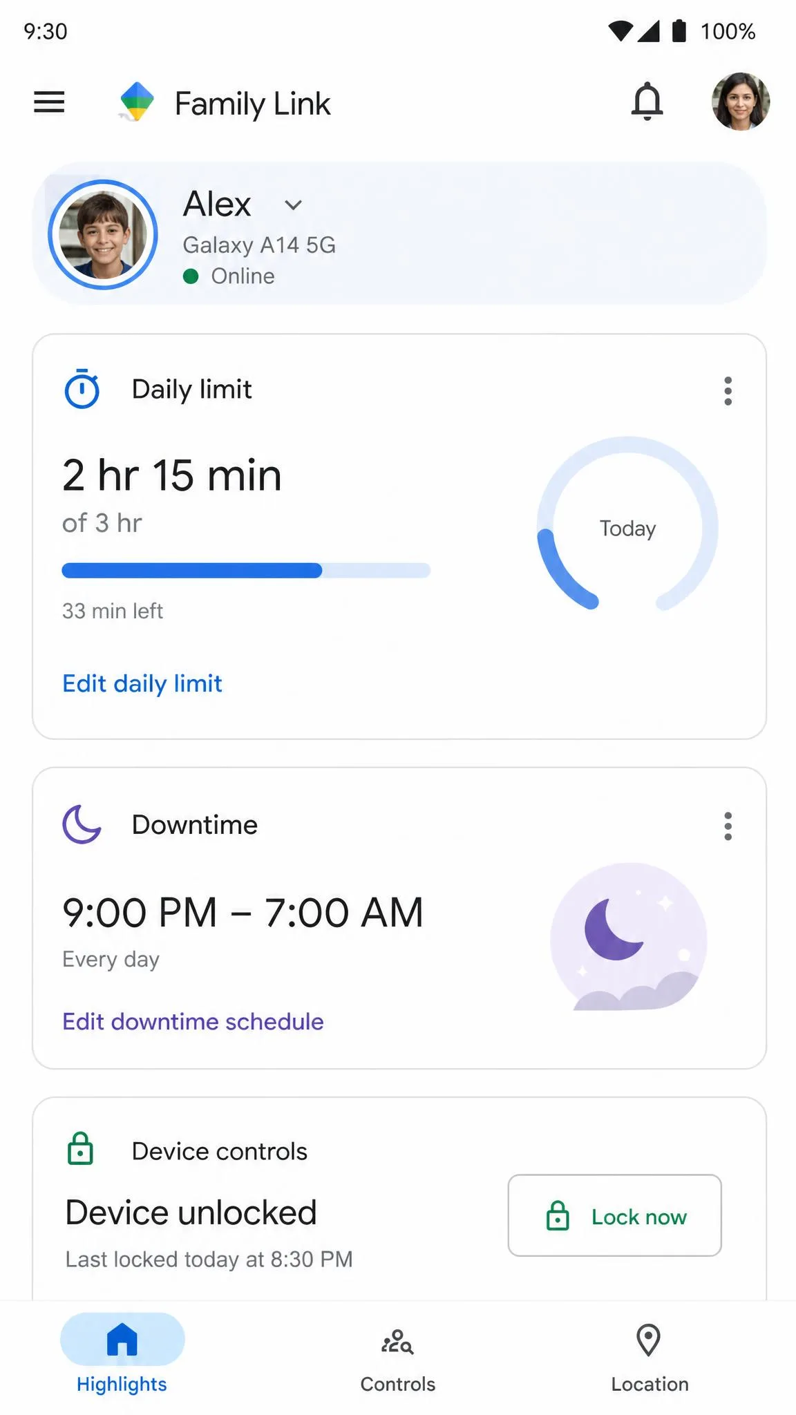 Google Family Link's parent app showing daily screen time limits, a downtime schedule, and a remote lock button for a child's Android device.
