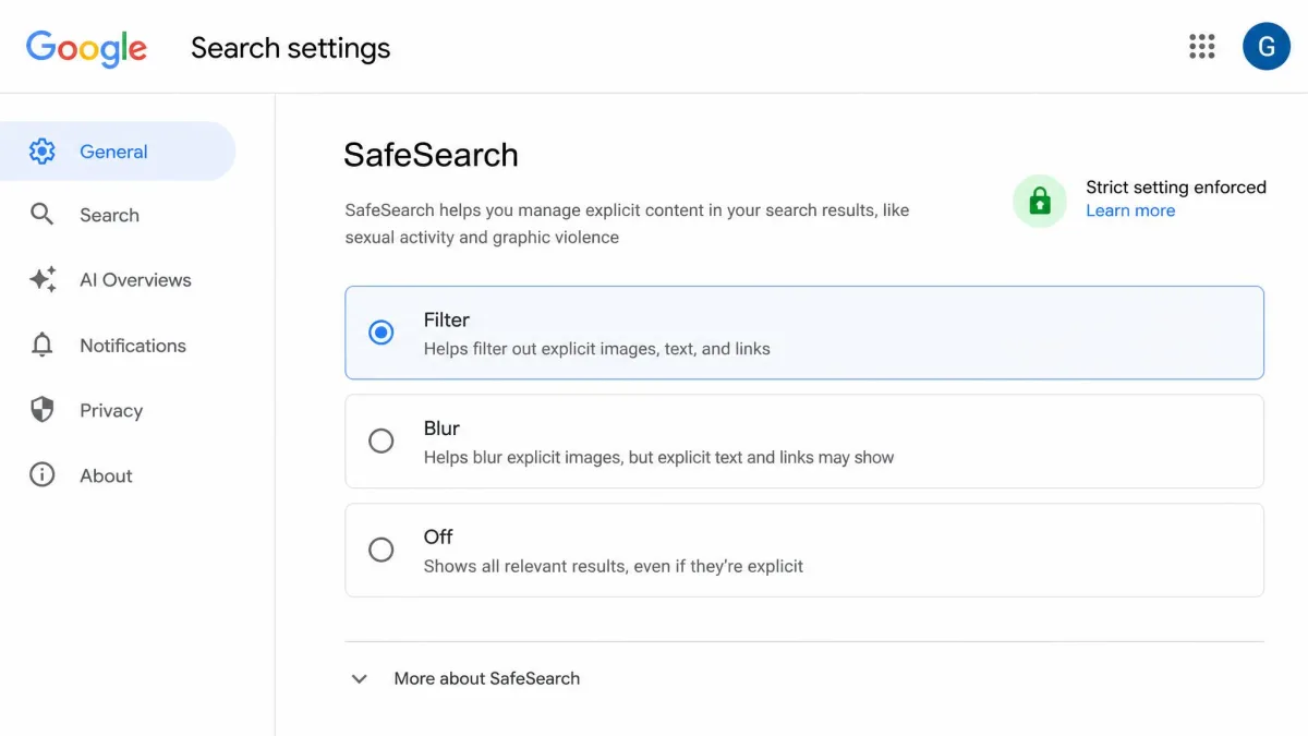 Google Search settings with SafeSearch set to Filter and the lock icon indicating the Strict setting is enforced.