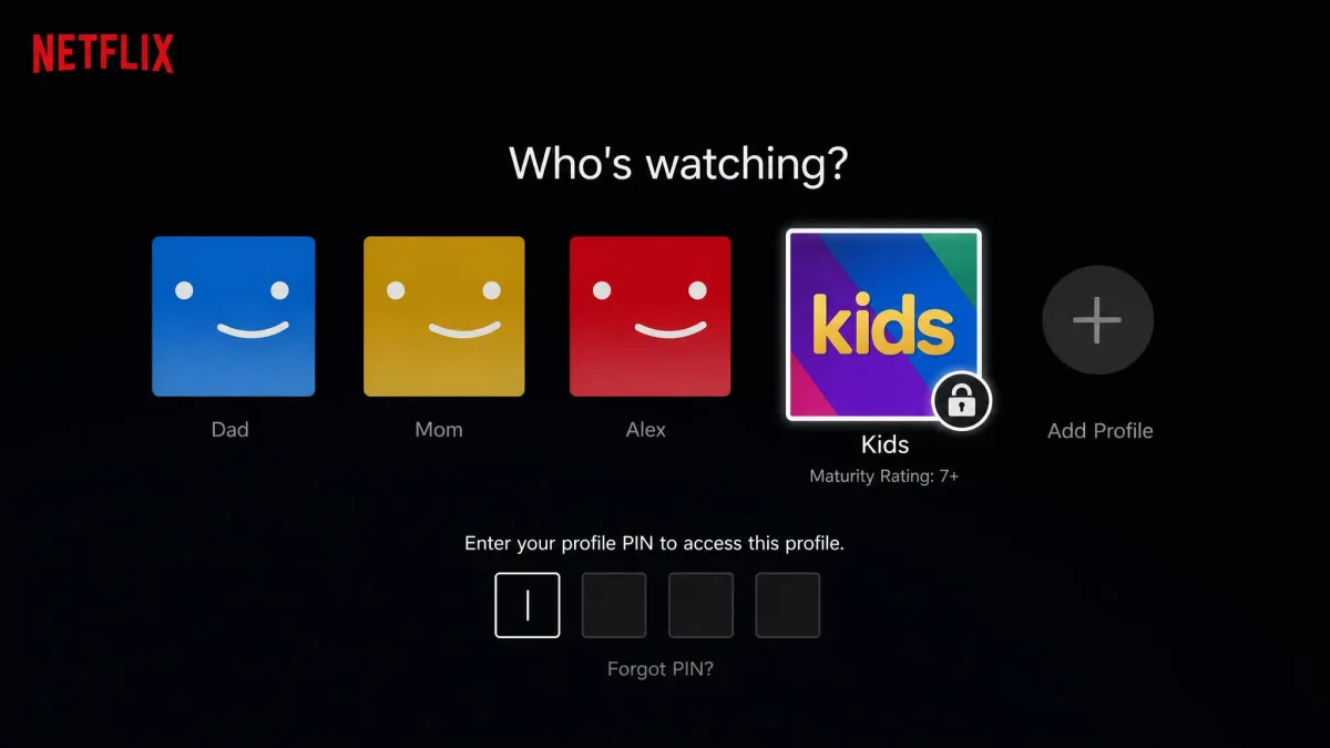The Netflix profile selection screen highlighting a Kids profile with a maturity-rating lock and a profile PIN prompt.