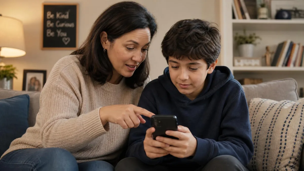 A parent and a child sitting together going over the child's phone screen, illustrating the family conversation that makes parental controls effective.