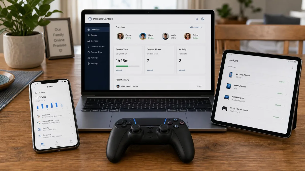 A family's devices laid out on a table: a smartphone, a tablet, a laptop, and a game controller, showing the range of internet-connected devices parental controls cover.