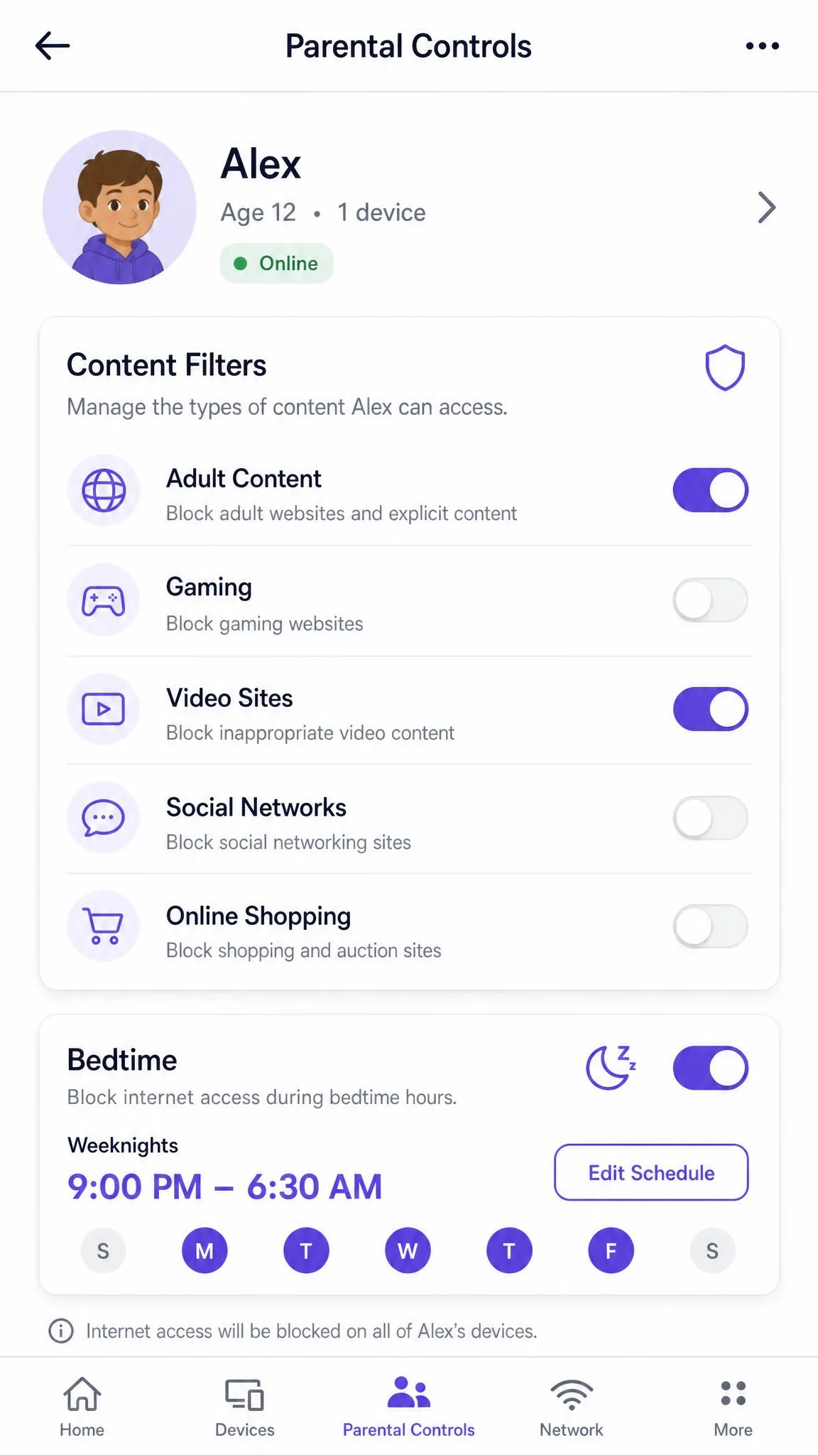 The parental controls screen inside a router companion app, showing a child profile with content filter toggles and a bedtime schedule.